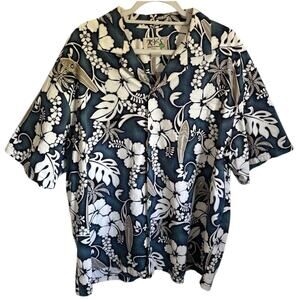 Ky's Hawaiian Shirt 2XL blue White Floral 80s Retro Aloha Beach Vintage
